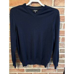 Tahari Mens Italian Merino Wool Blend V-Neck Sweater Navy Blue Medium